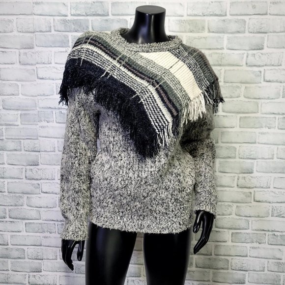 Vintage 80s Mariea Kim Size M Knit Fall Sweater V Fringe Trim Boho Southwestern - Picture 1 of 5